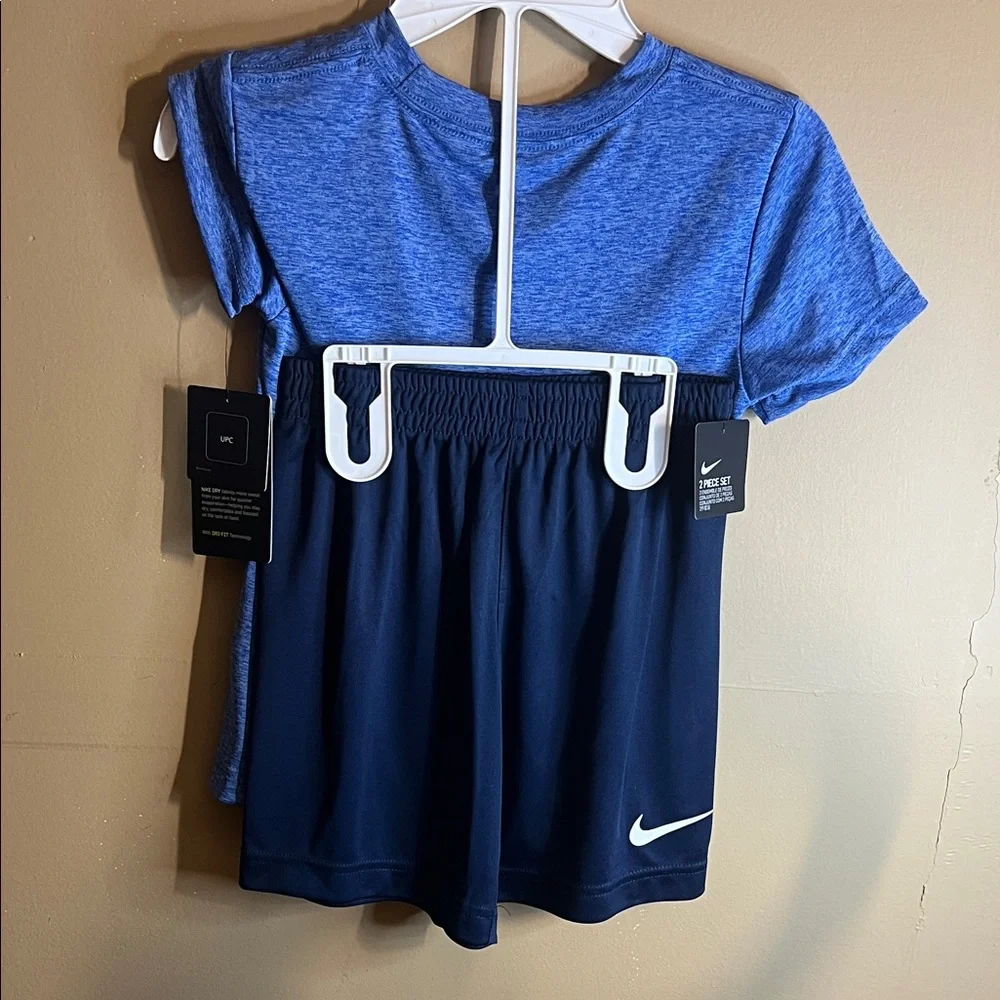 Nike Blue Heather Short Sleeve Tee with White & Navy Swoosh Shorts - Picture 2 of 6